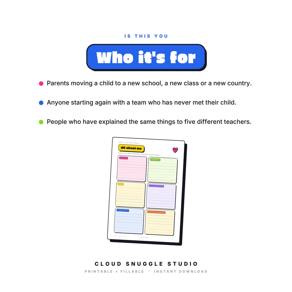 Who The School Transition Kit is for: Parents moving a child to a new school, a new class or a new country. A school transition kit printable made for a child starting somewhere new.