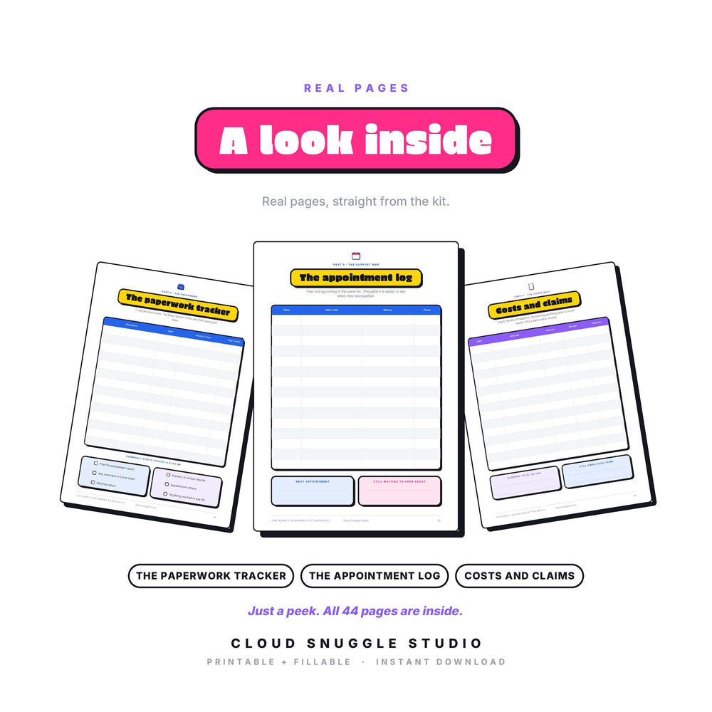 Three real pages from The Newly Diagnosed Starter Kit: The paperwork tracker, The appointment log, Costs and claims. A newly diagnosed starter kit printable for parents, shown full size so you can see the layout before you buy.
