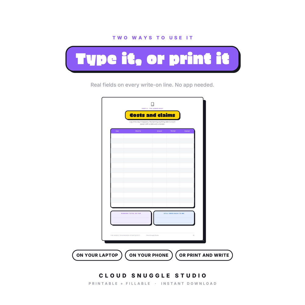 The Newly Diagnosed Starter Kit as a fillable PDF: type onto every write-on line on a laptop, phone or tablet, or print it and write by hand. A newly diagnosed starter kit printable for parents with real form fields, no app needed.