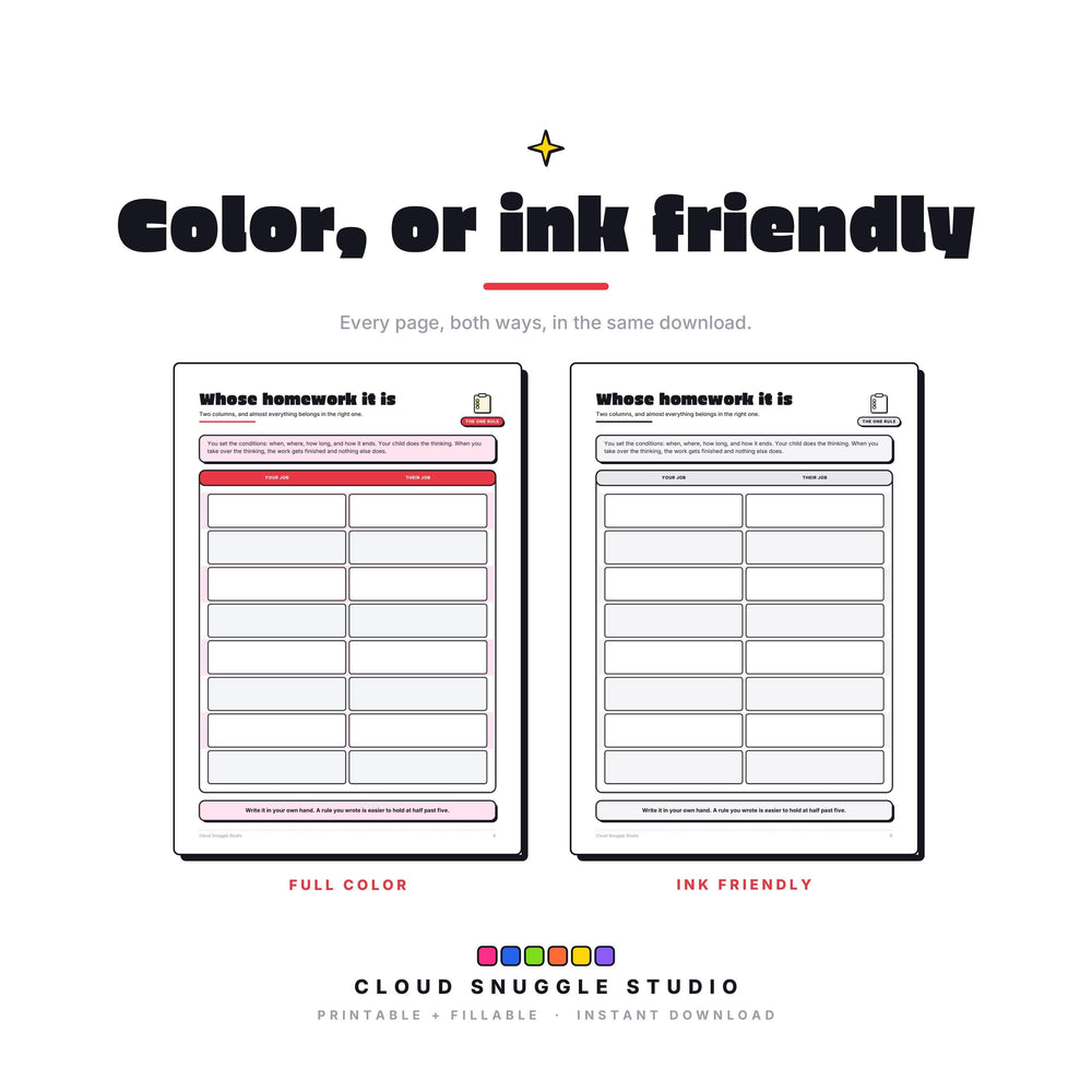 One page of The Homework Truce shown twice, in full color and in ink friendly gray. Every page of this homework help printable for parents comes both ways, so you print whatever your cartridge can spare.