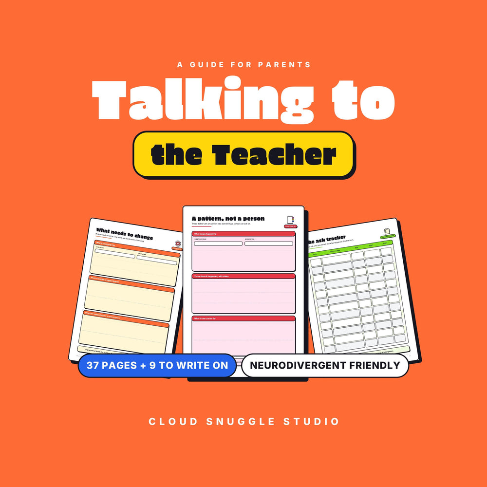 Cover of Talking to the Teacher, scripts for every school email. A printable and fillable PDF from Cloud Snuggle Studio.