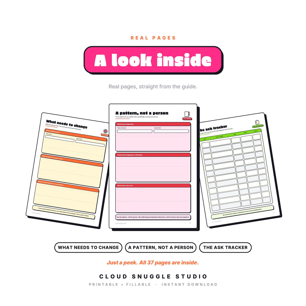 A look inside Talking to the Teacher, real pages shown full size. A printable and fillable PDF from Cloud Snuggle Studio.