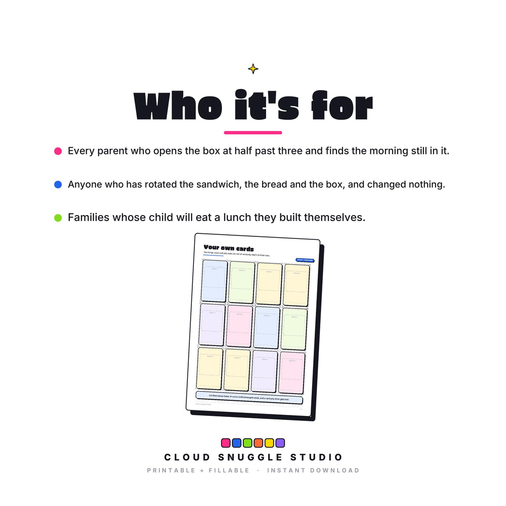 Who The Lunchbox Pack is for. A printable and fillable PDF from Cloud Snuggle Studio.