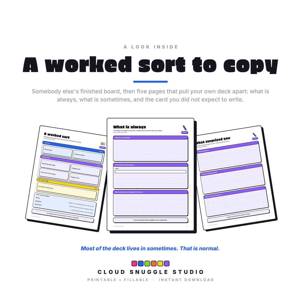 A look inside The Pattern Deck, real pages shown full size (2 of 3). A printable and fillable PDF from Cloud Snuggle Studio.