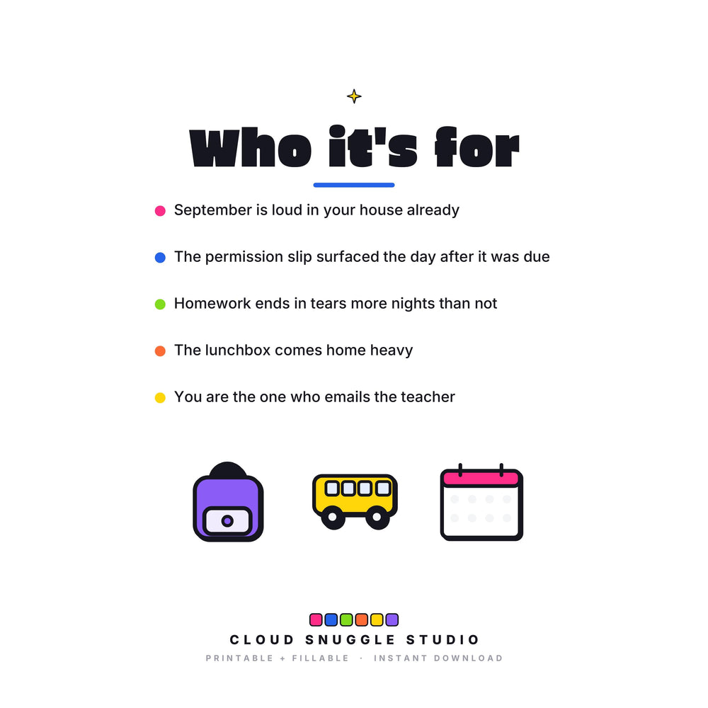Who The Back to School Bundle is for. A printable and fillable planner bundle from Cloud Snuggle Studio.