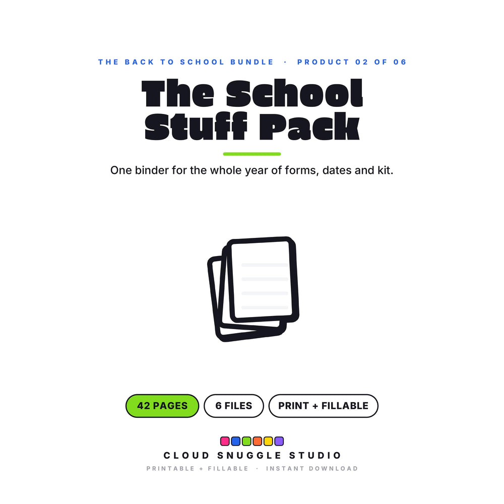 The School Stuff Pack, one of the 6 planners in The Back to School Bundle. A printable and fillable planner bundle from Cloud Snuggle Studio.