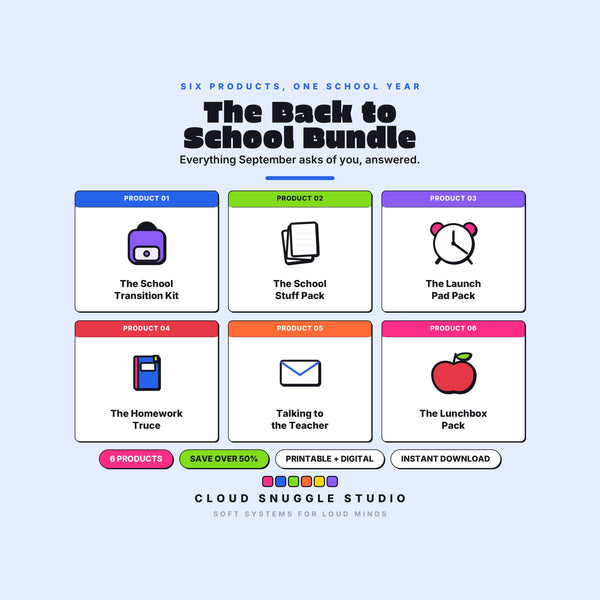 Cover of The Back to School Bundle, 6 systems for the school year. A printable and fillable planner bundle from Cloud Snuggle Studio.