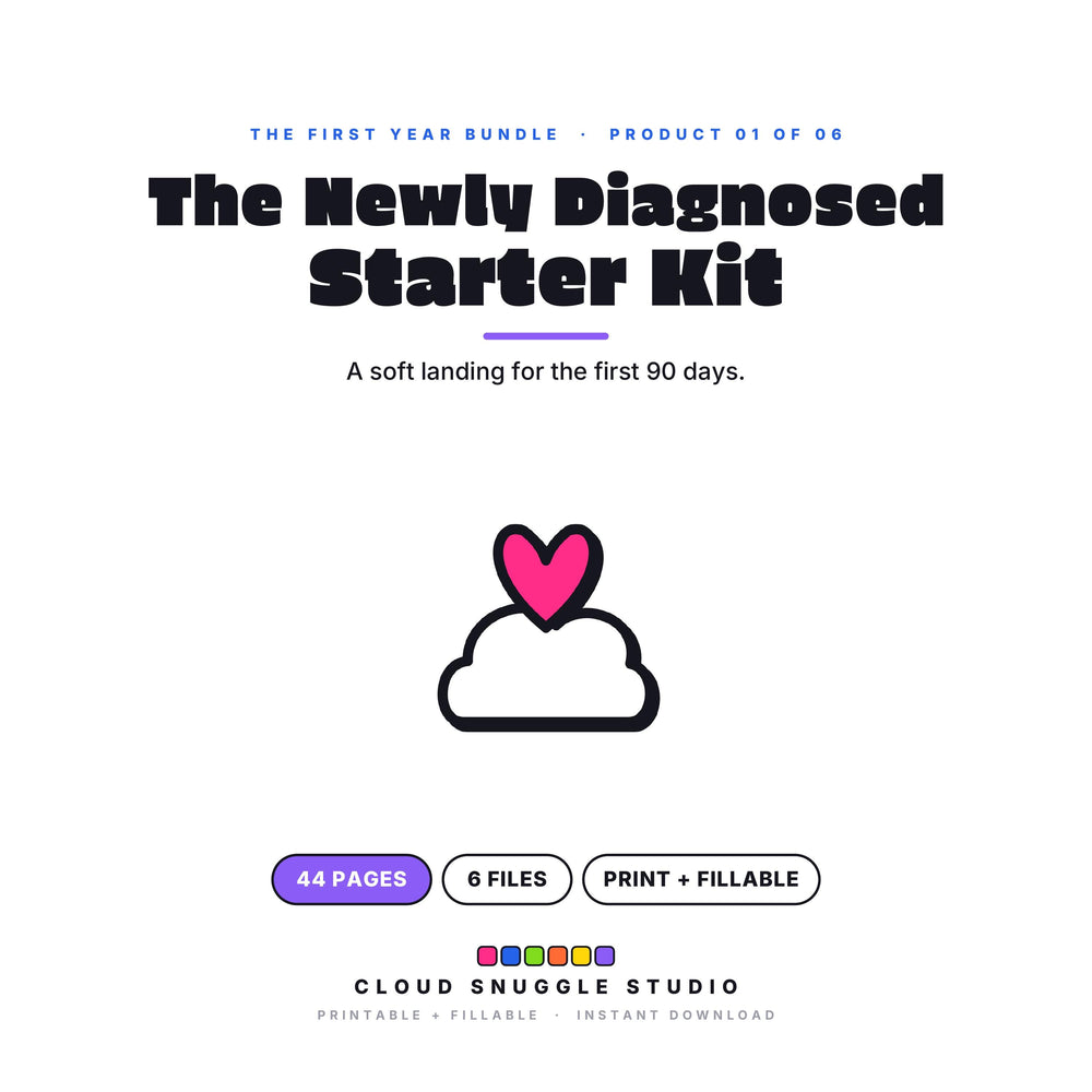 The Newly Diagnosed Starter Kit, one of the 6 planners in The First Year Bundle. A printable and fillable planner bundle from Cloud Snuggle Studio.