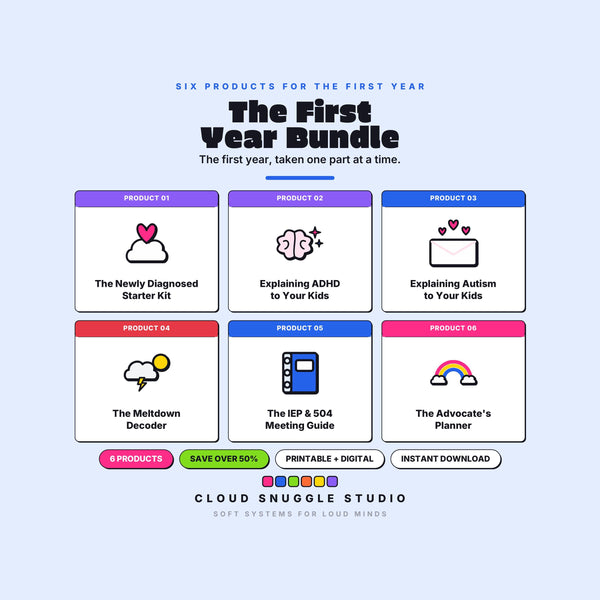Cover of The First Year Bundle, for the year after a diagnosis. A printable and fillable planner bundle from Cloud Snuggle Studio.