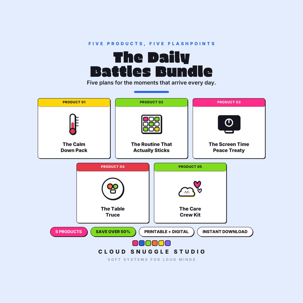 Cover of The Daily Battles Bundle, for mornings, homework, screens and bedtime. A printable and fillable planner bundle from Cloud Snuggle Studio.