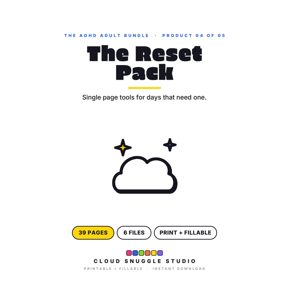 The Reset Pack, one of the 5 planners in The ADHD Adult Bundle. A printable and fillable planner bundle from Cloud Snuggle Studio.
