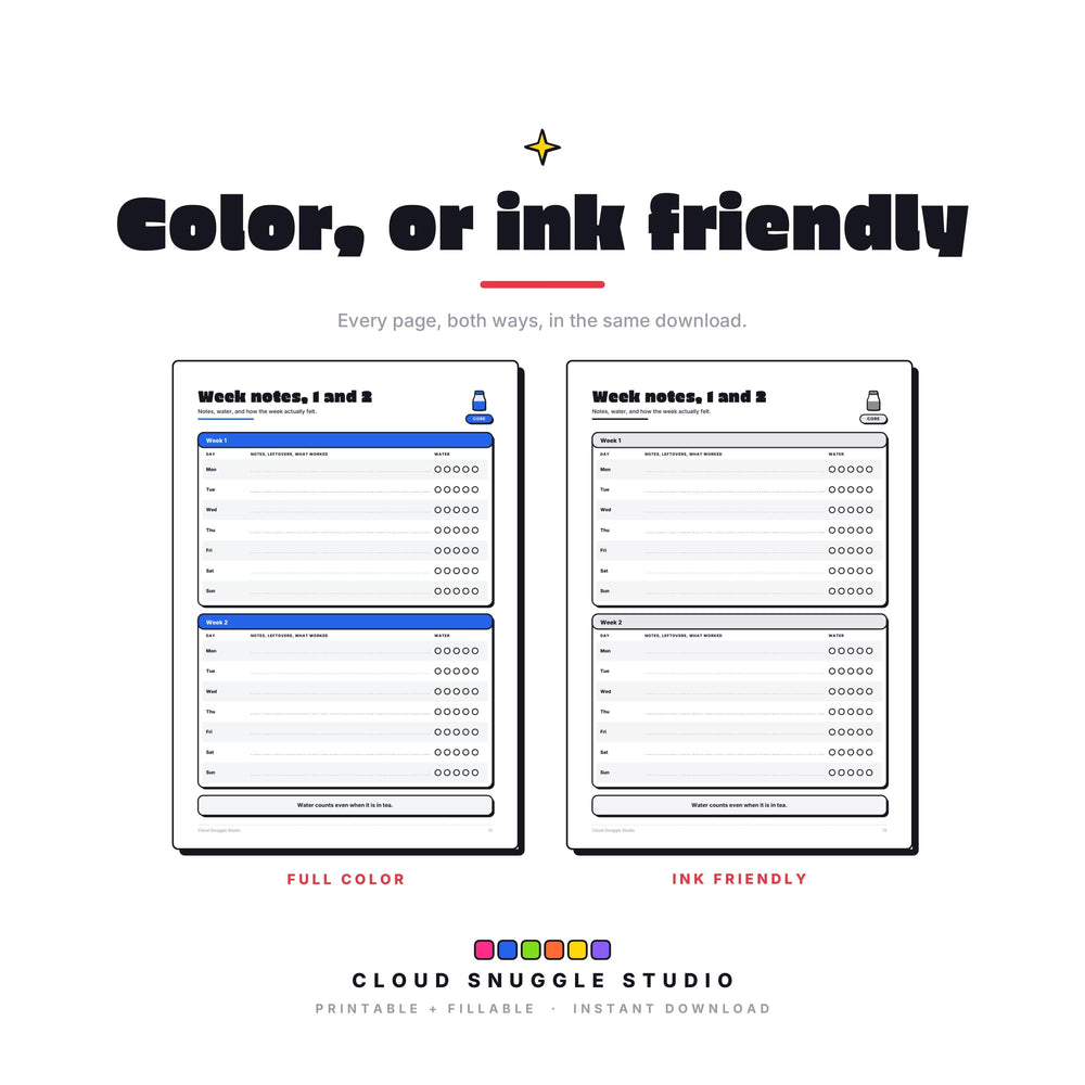 One page of The ADHD Meal Planner shown twice, in full color and in ink friendly gray. Every page of this ADHD meal planner printable comes both ways, so you print whatever your cartridge can spare.