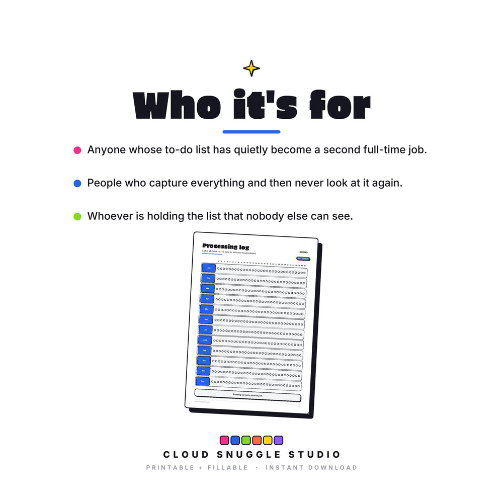 Who The Brain Buffer is for: Anyone whose to-do list has quietly become a second full-time job. An ADHD brain dump planner printable made for a brain that captures faster than it sorts.
