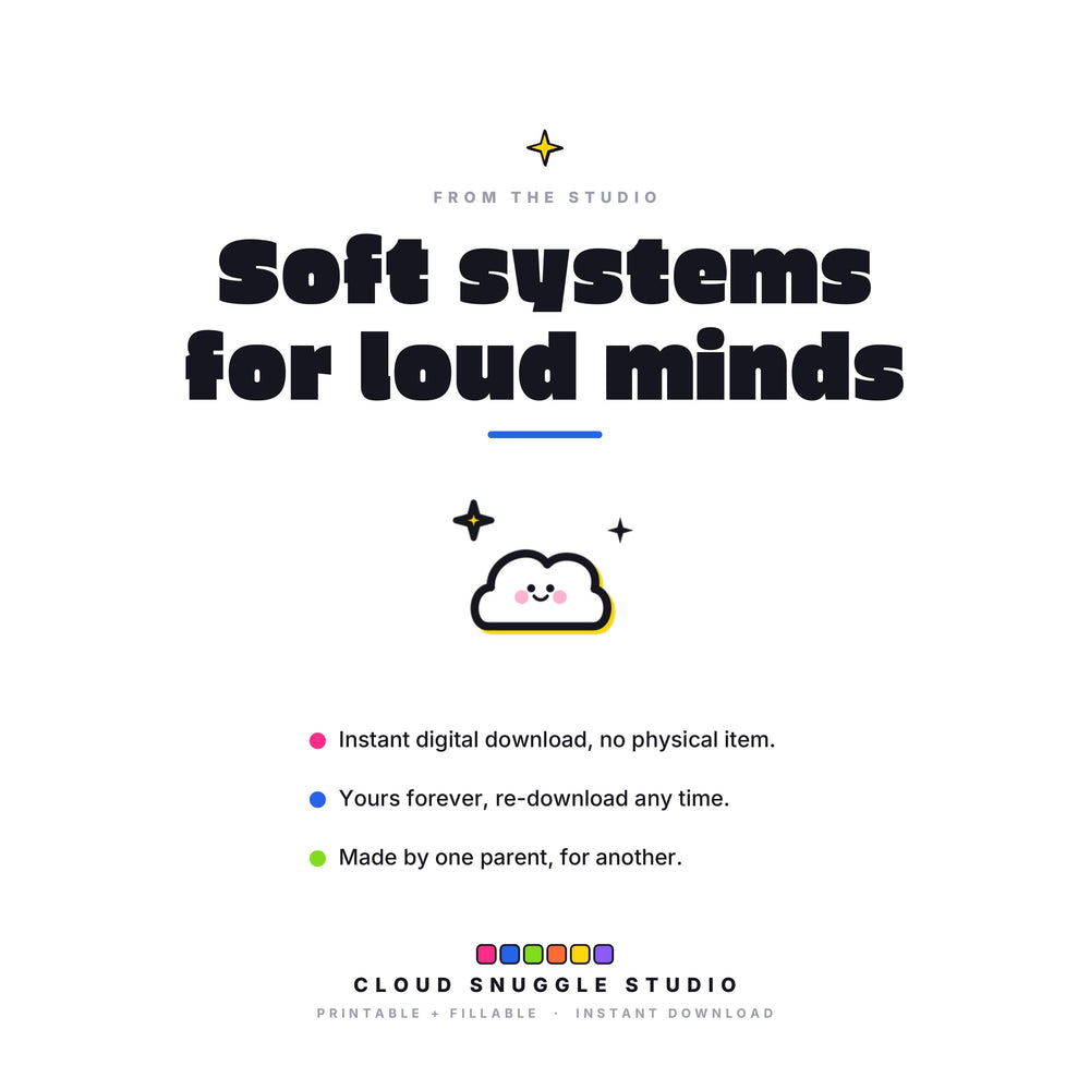 Soft systems for loud minds, the promise behind The Brain Buffer. An ADHD brain dump planner printable, instant digital download with no physical item, yours forever and re-downloadable any time.