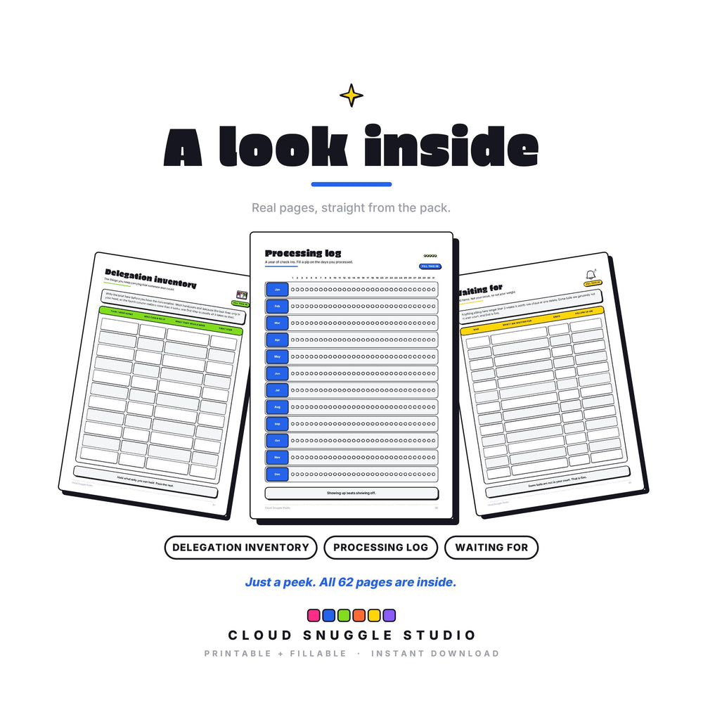 Three real pages from The Brain Buffer: Delegation inventory, Processing log, Waiting for. An ADHD brain dump planner printable, shown full size so you can see the layout before you buy.