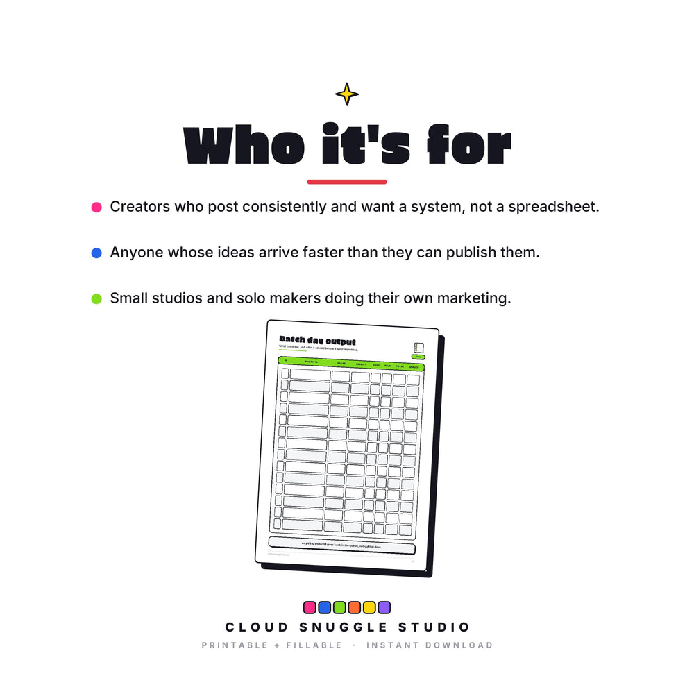 Who The Post & Park Planner is for: Creators who post consistently and want a system, not a spreadsheet. A content planner printable for creators made for creators posting on their own.