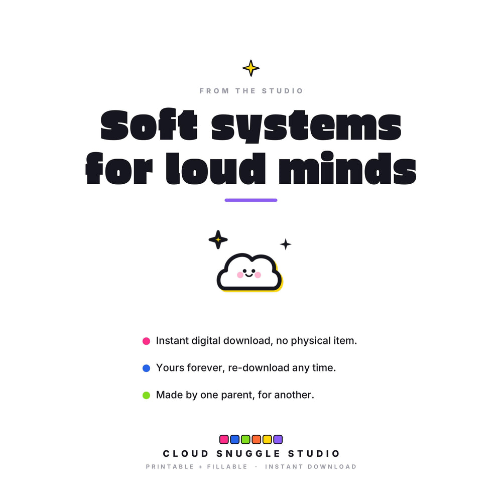 Soft systems for loud minds, the promise behind The Too-Many-Tabs Parent Planner. A parent planner printable for ADHD families, instant digital download with no physical item, yours forever and re-downloadable any time.