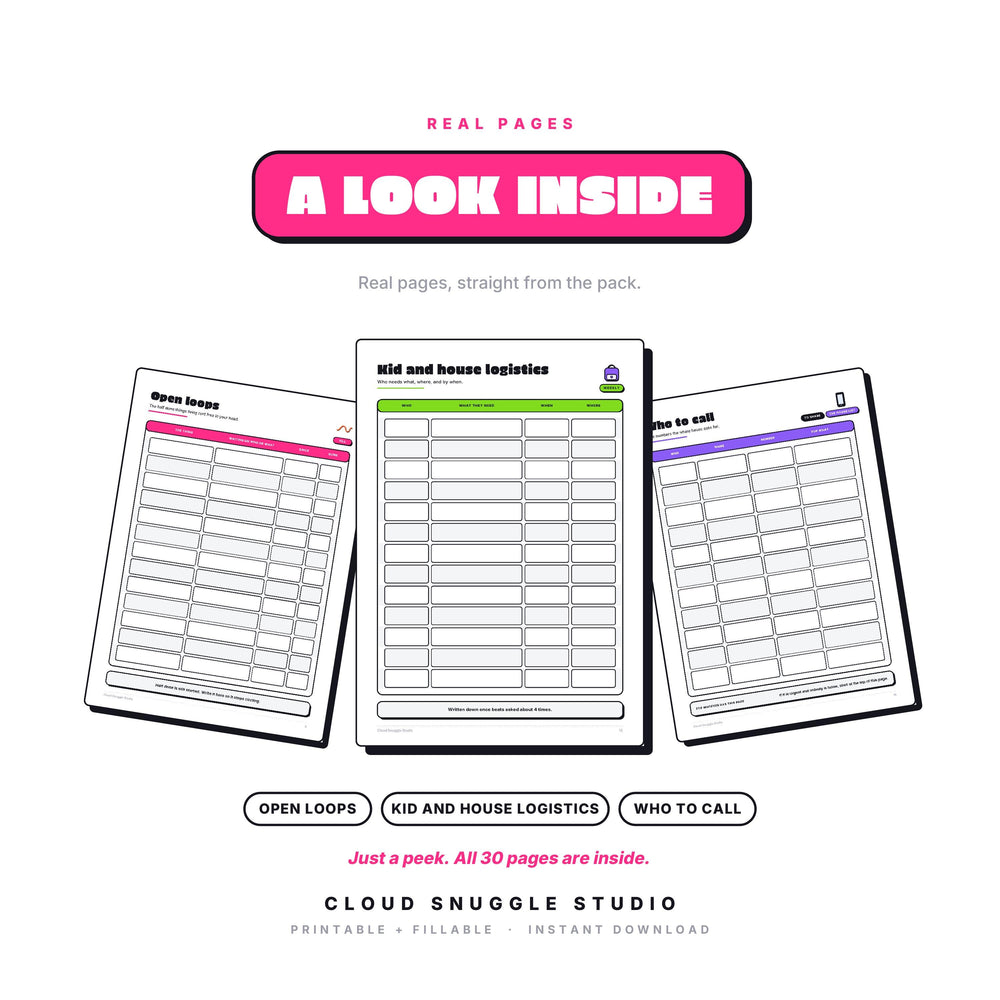 Three real pages from Mom Brain Dump: Open loops, Kid and house logistics, Who to call. A mom brain dump printable for the mental load, shown full size so you can see the layout before you buy.