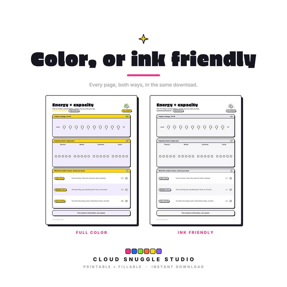 One page of The Reset Pack shown twice, in full color and in ink friendly gray. Every page of this ADHD reset pack printable comes both ways, so you print whatever your cartridge can spare.