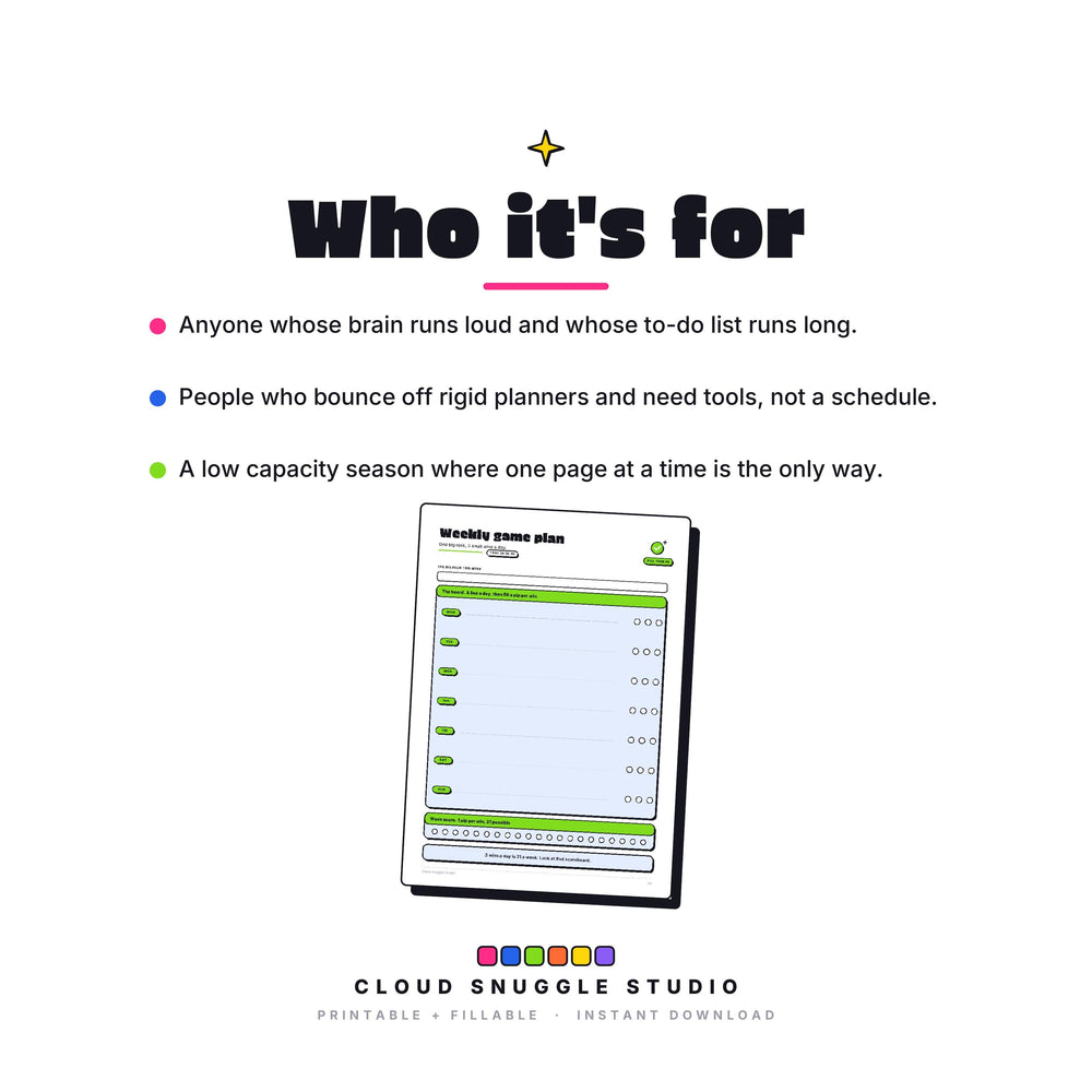 Who The Reset Pack is for: Anyone whose brain runs loud and whose to-do list runs long. An ADHD reset pack printable made for ADHD brains that bounce off rigid planners.