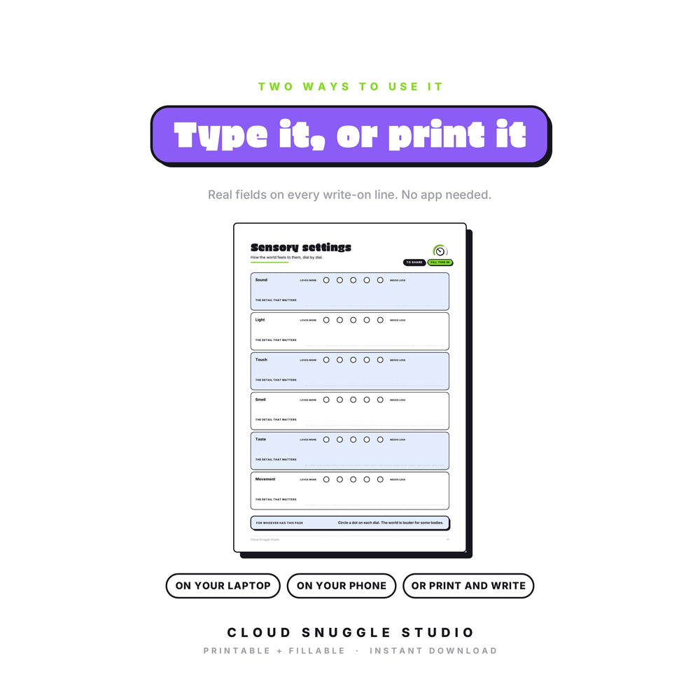 The Care Crew Kit as a fillable PDF: type onto every write-on line on a laptop, phone or tablet, or print it and write by hand. A babysitter and caregiver info kit printable with real form fields, no app needed.