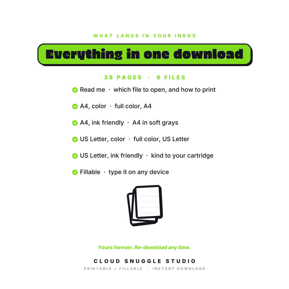 Everything in the Care Crew Kit download, 6 files: read me, A4 color, A4 ink friendly, US Letter color, US Letter ink friendly, and a fillable PDF. A babysitter and caregiver info kit printable, yours forever and re-downloadable any time.