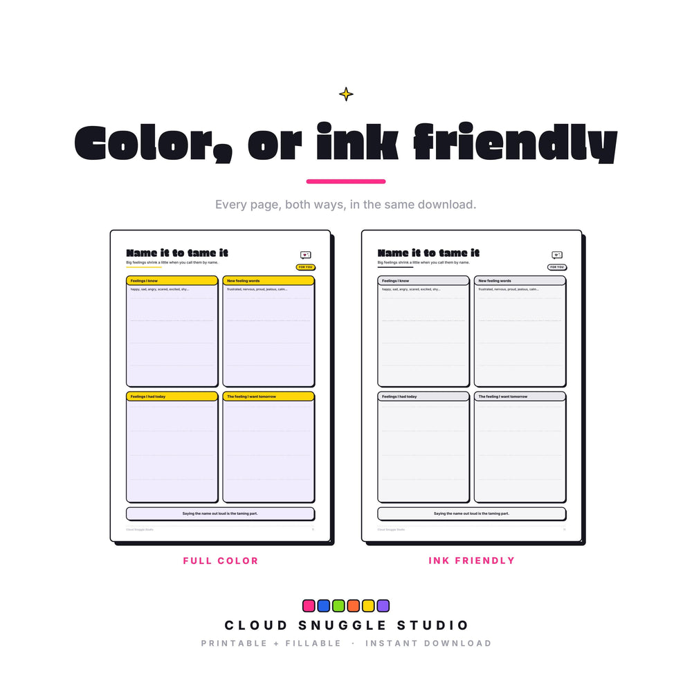 One page of The Calm Down Pack shown twice, in full color and in ink friendly gray. Every page of this calm down kit printable for kids comes both ways, so you print whatever your cartridge can spare.