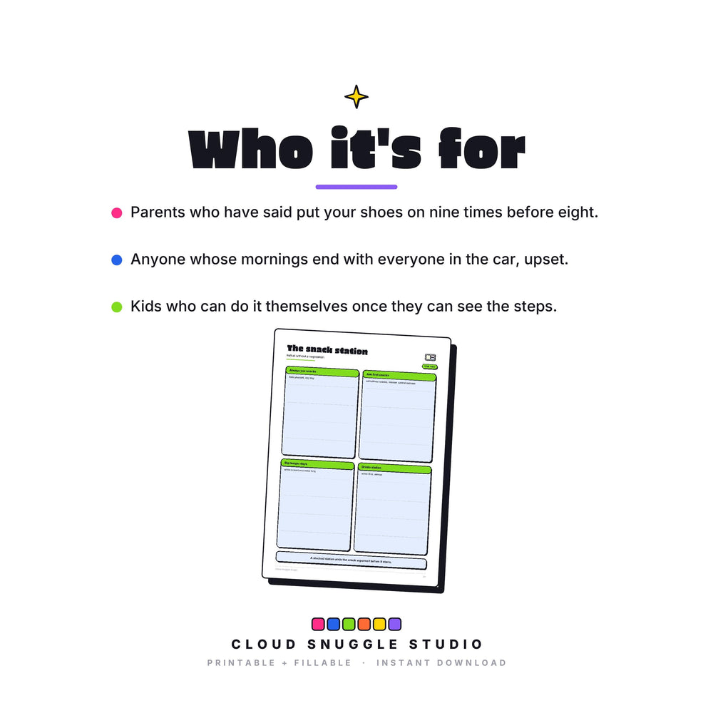 Who The Launch Pad Pack is for: Parents who have said put your shoes on nine times before eight. A morning and bedtime routine pack printable made for mornings and bedtimes that fall apart.