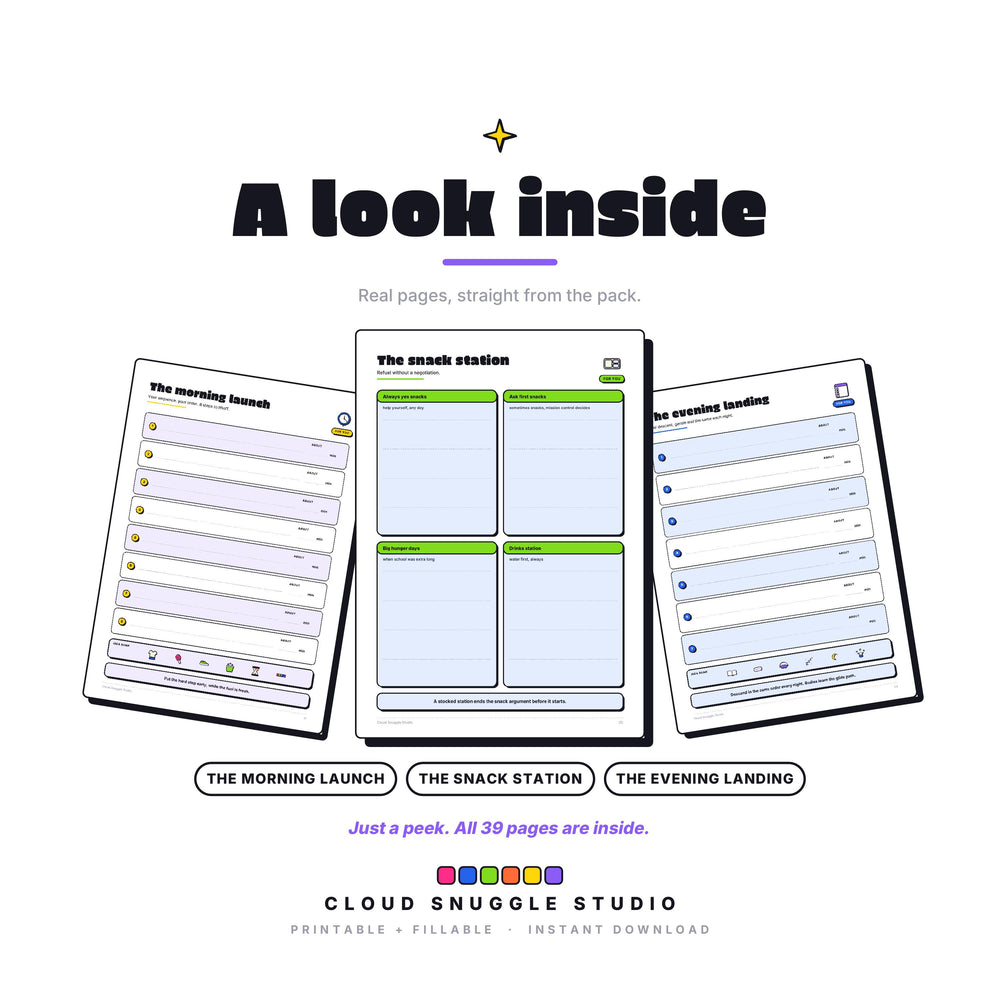 Three real pages from The Launch Pad Pack: The morning launch, The snack station, The evening landing. A morning and bedtime routine pack printable, shown full size so you can see the layout before you buy.