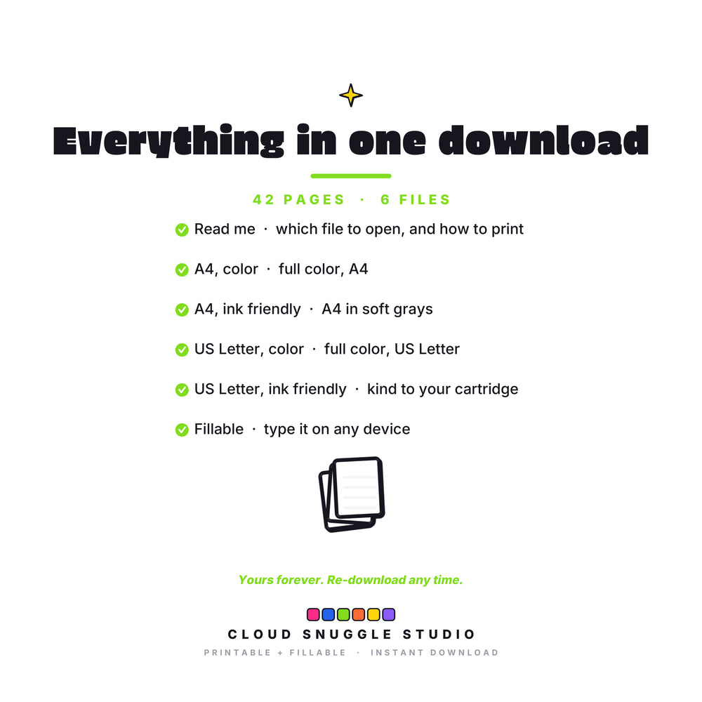 Everything in the School Stuff Pack download, 6 files: read me, A4 color, A4 ink friendly, US Letter color, US Letter ink friendly, and a fillable PDF. A school organization pack printable for parents, yours forever and re-downloadable any time.
