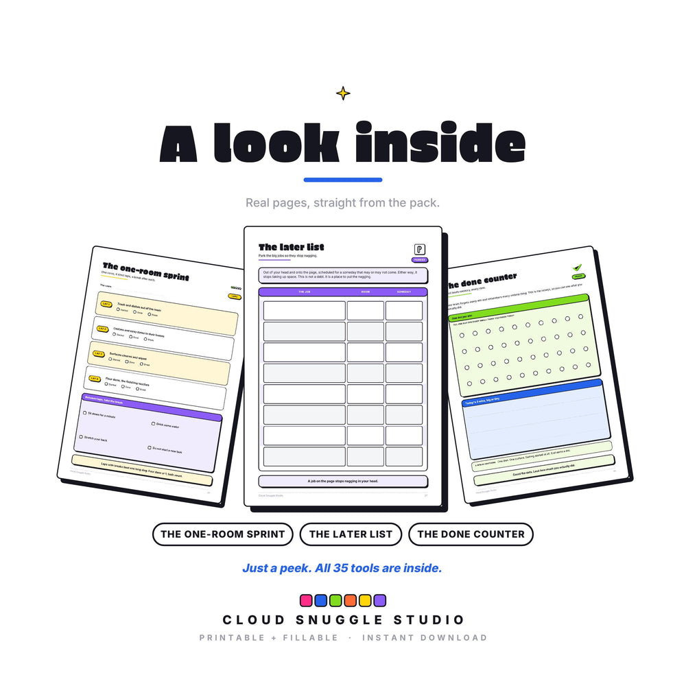 Three real pages from The Clean-ish Pack: The one-room sprint, The later list, The done counter. A cleaning routine printable for ADHD, shown full size so you can see the layout before you buy.