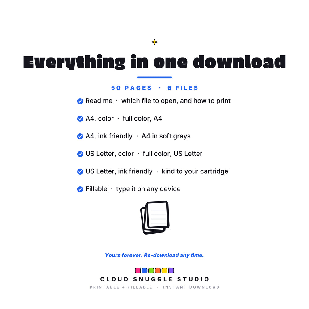 Everything in the Clean-ish Pack download, 6 files: read me, A4 color, A4 ink friendly, US Letter color, US Letter ink friendly, and a fillable PDF. A cleaning routine printable for ADHD, yours forever and re-downloadable any time.