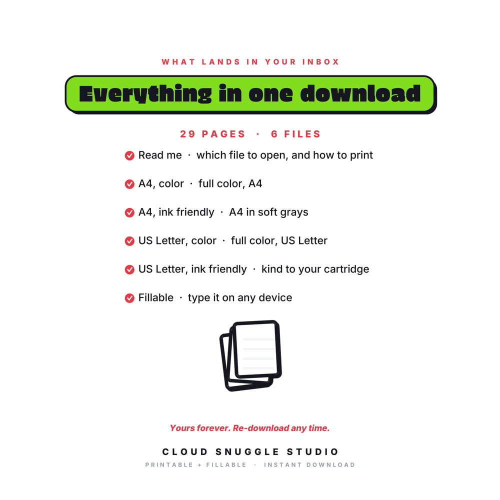 Everything in the Meltdown Decoder download, 6 files: read me, A4 color, A4 ink friendly, US Letter color, US Letter ink friendly, and a fillable PDF. A meltdown guide printable for parents, yours forever and re-downloadable any time.