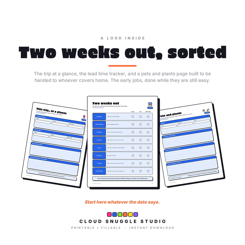 A look inside The Scattered Traveler, real pages shown full size (1 of 3). A printable and fillable PDF from Cloud Snuggle Studio.