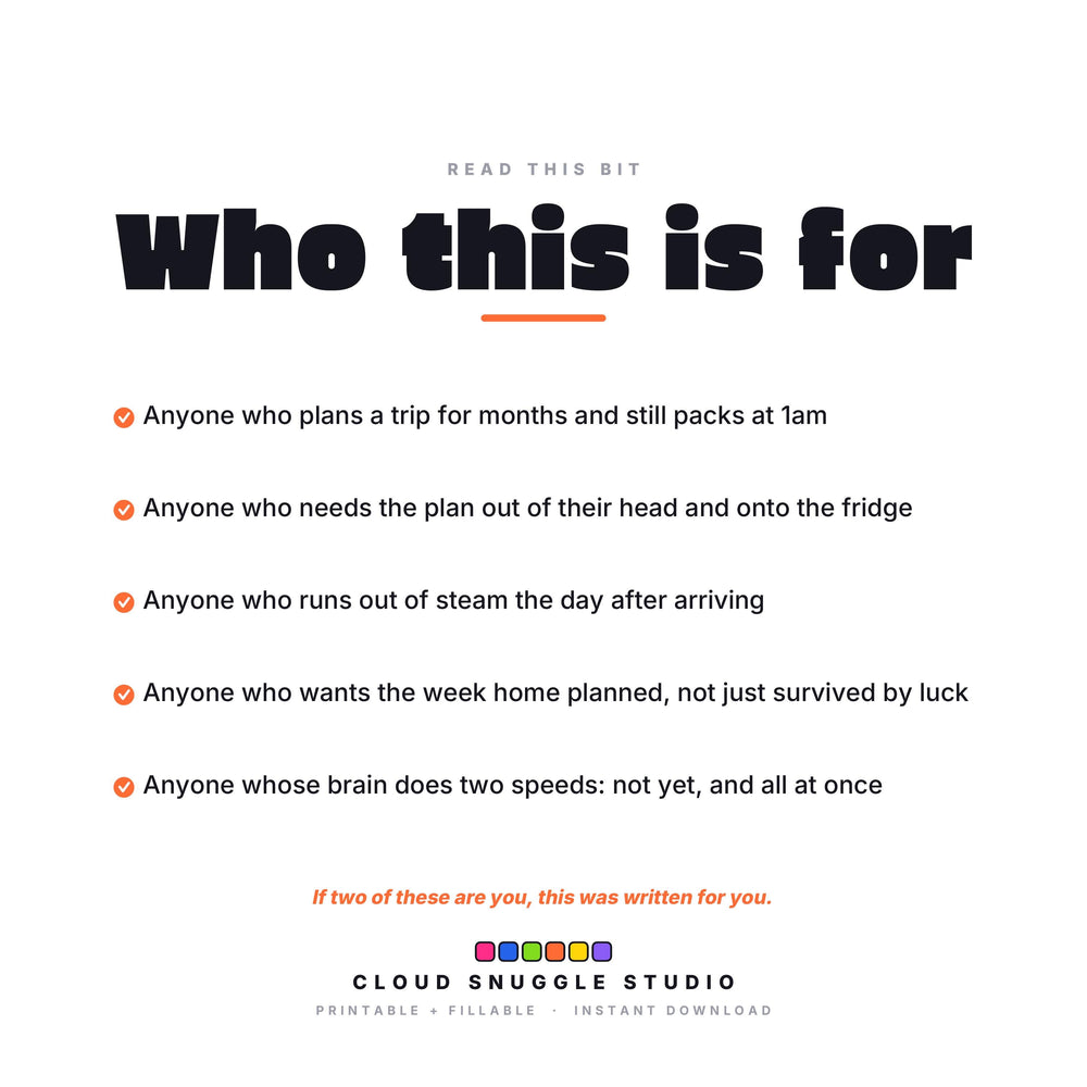 Who The Scattered Traveler is for. A printable and fillable PDF from Cloud Snuggle Studio.