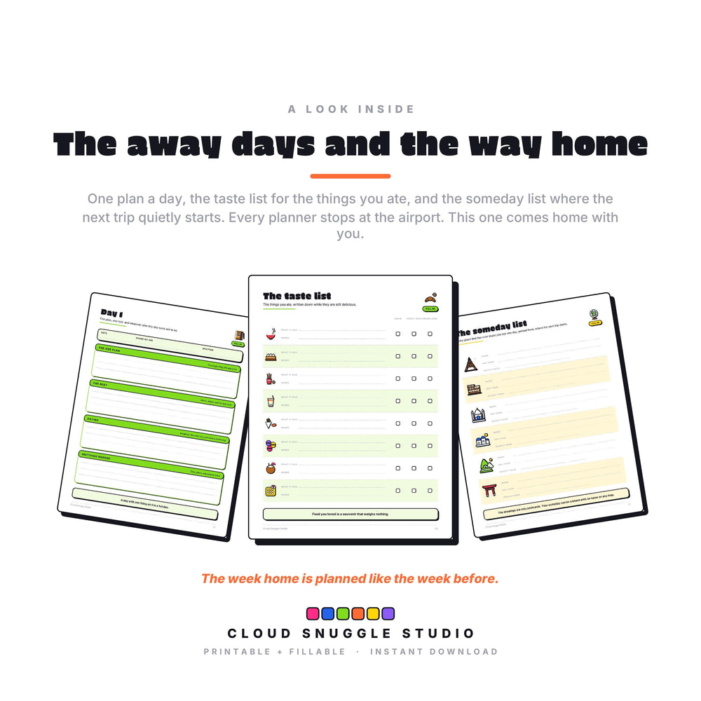 A look inside The Scattered Traveler, real pages shown full size (3 of 3). A printable and fillable PDF from Cloud Snuggle Studio.
