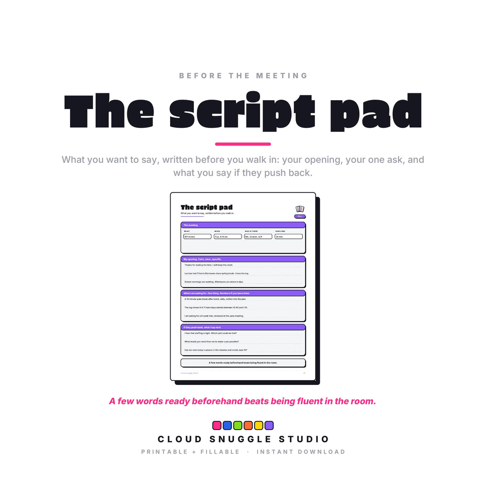 One page of The Advocate's Planner shown twice, in full color and in ink friendly gray. Every page of this IEP advocacy planner for parents comes both ways, so you print whatever your cartridge can spare.