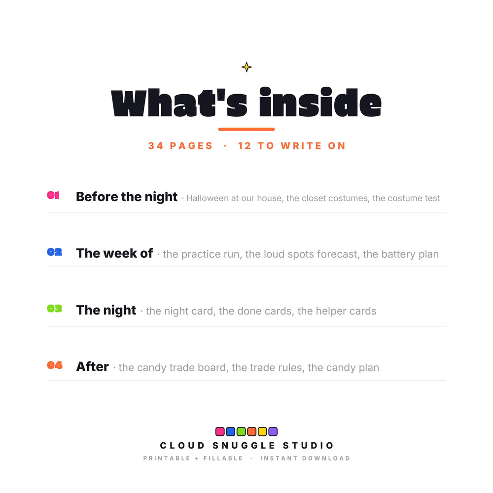 What's inside The Halloween Game Plan, section by section. A printable and fillable PDF from Cloud Snuggle Studio.
