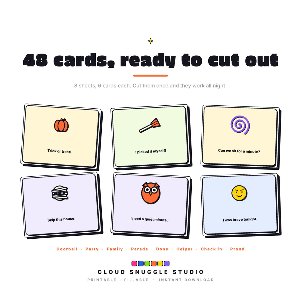 The cut out cards inside The Halloween Game Plan. A printable and fillable PDF from Cloud Snuggle Studio.