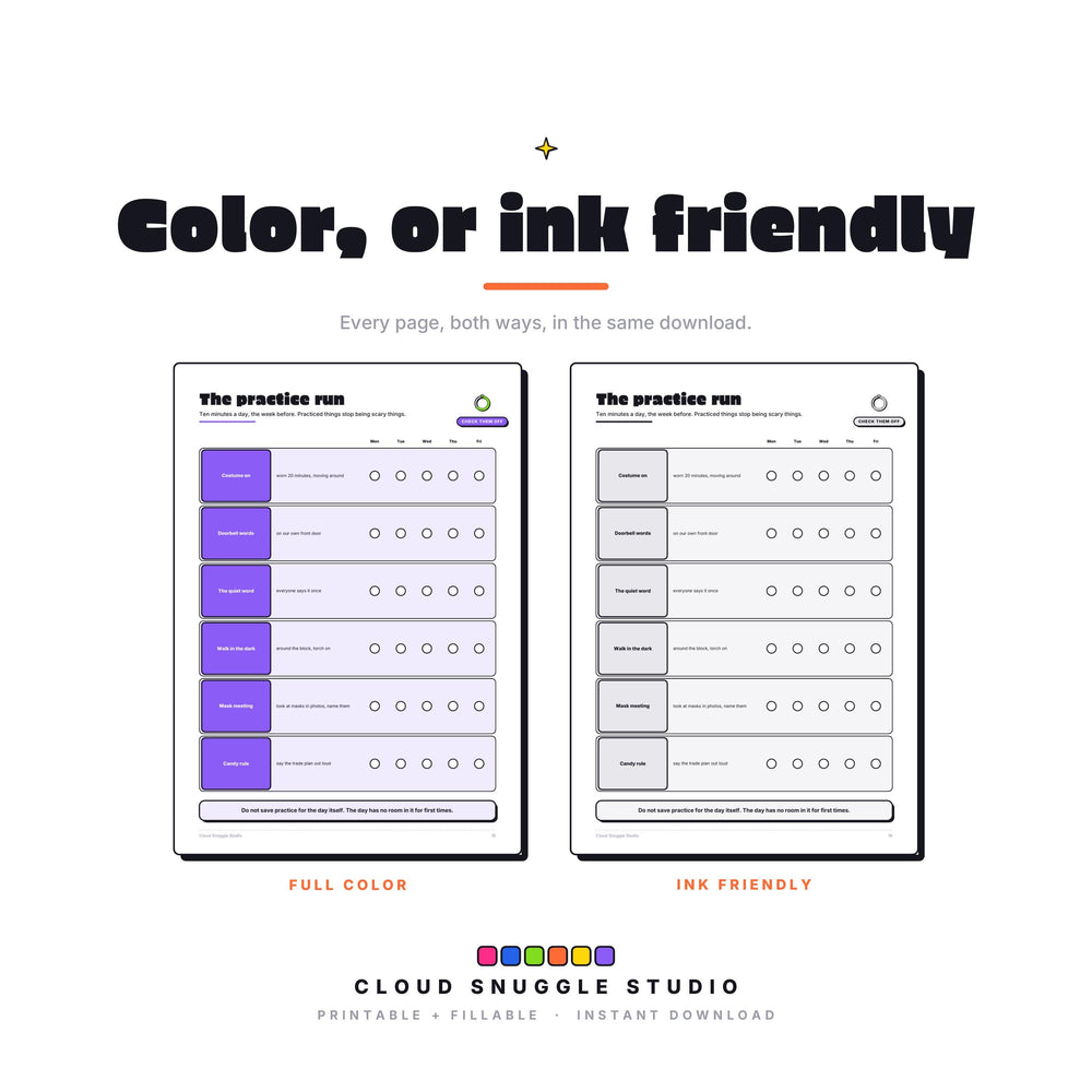 One page of The Halloween Game Plan in full color and in ink friendly gray, both included. A printable and fillable PDF from Cloud Snuggle Studio.