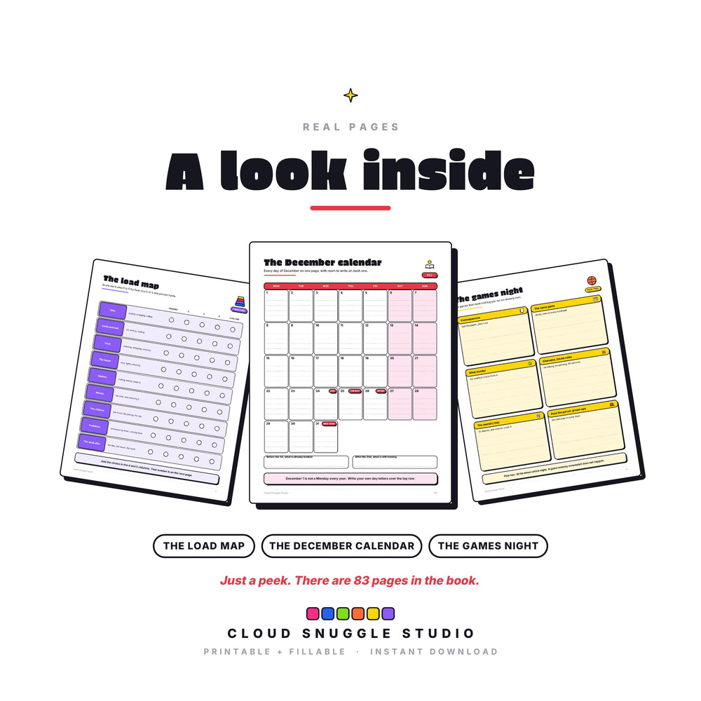 Three real pages from The Holidays Truce: the load map, the December calendar and the games night. A Christmas planner printable for couples, A4 and US Letter.