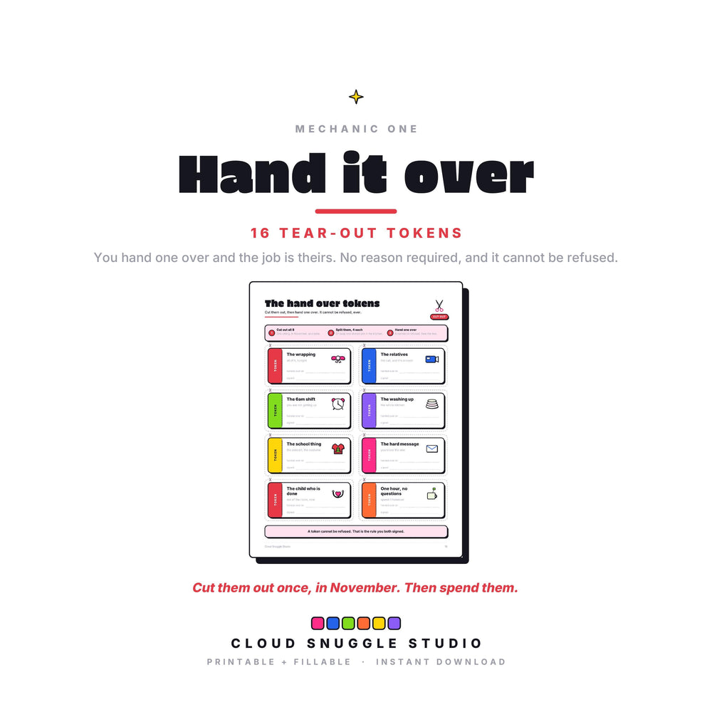 The hand over tokens inside The Holidays Truce: 16 tear out tokens. Hand one over and the job is theirs, no reason required, and it cannot be refused. One of the two physical mechanics in this Christmas planner printable.