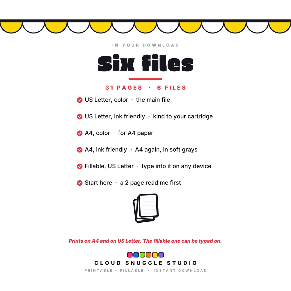 Everything in the Dopamine Menu download, 6 files: start here, US Letter color, US Letter ink friendly, A4 color, A4 ink friendly, and a fillable PDF you can type into on any device.