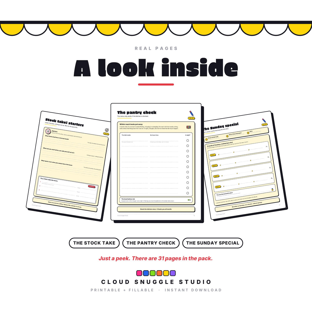 Three real pages from the Dopamine Menu: the stock take, the pantry check and the Sunday special. A dopamine menu printable shown full size so you can see the layout before you buy.
