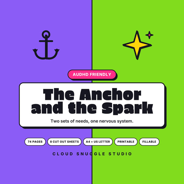The Anchor and the Spark, an AuDHD planner printable for autistic ADHD adults. Two sets of needs, one nervous system. 74 pages, 8 cut out sheets, A4 and US Letter, printable and fillable.