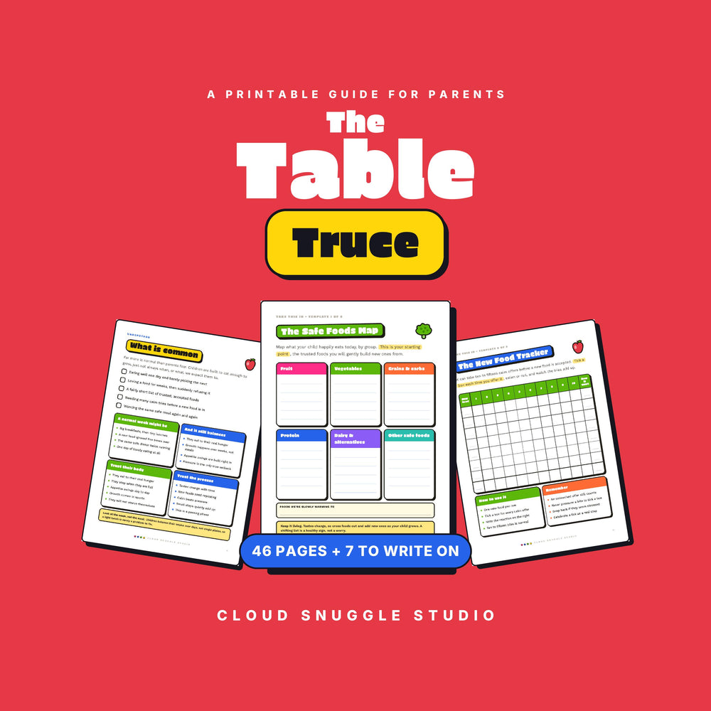 The Table Truce, a picky eater guide printable for parents from Cloud Snuggle Studio. 46 pages, 7 of them to write on. Printable and fillable PDF, A4 and US Letter, color and ink friendly. Instant digital download.