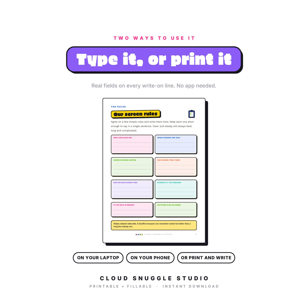 The Screen Time Peace Treaty as a fillable PDF: type onto every write-on line on a laptop, phone or tablet, or print it and write by hand. A screen time agreement printable for families with real form fields, no app needed.