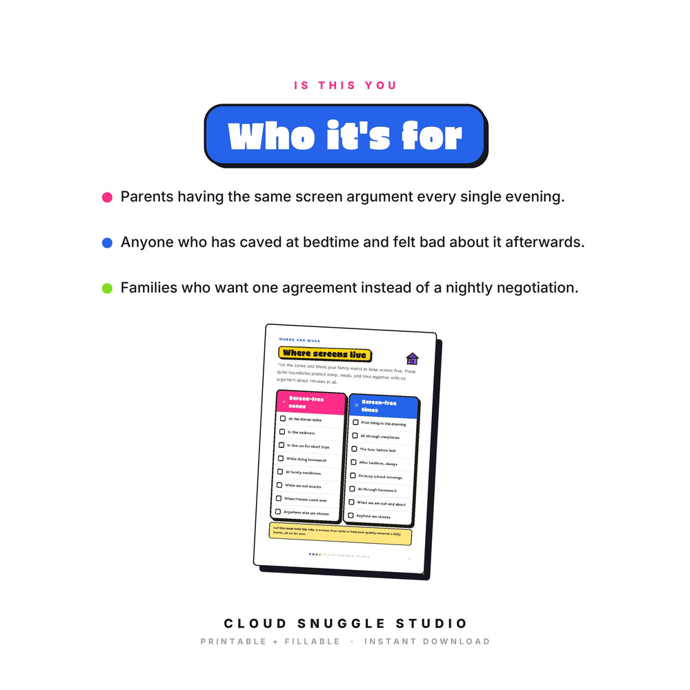 Who The Screen Time Peace Treaty is for: Parents having the same screen argument every single evening. A screen time agreement printable for families made for families negotiating screens every night.