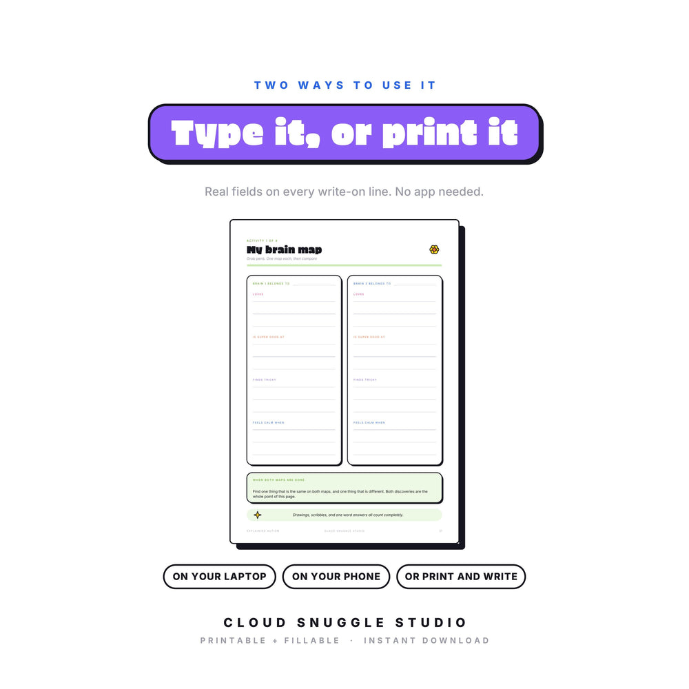 Explaining Autism to Your Kids as a fillable PDF: type onto every write-on line on a laptop, phone or tablet, or print it and write by hand. An explaining autism to kids printable guide with real form fields, no app needed.