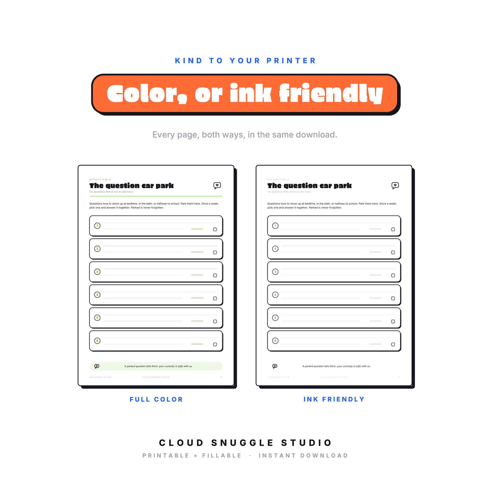 One page of Explaining Autism to Your Kids shown twice, in full color and in ink friendly gray. Every page of this explaining autism to kids printable guide comes both ways, so you print whatever your cartridge can spare.
